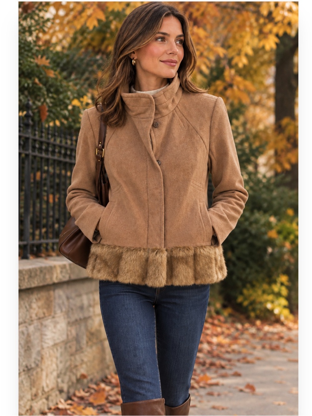 Banana Republic Camel Faux Fur-Trim Coat